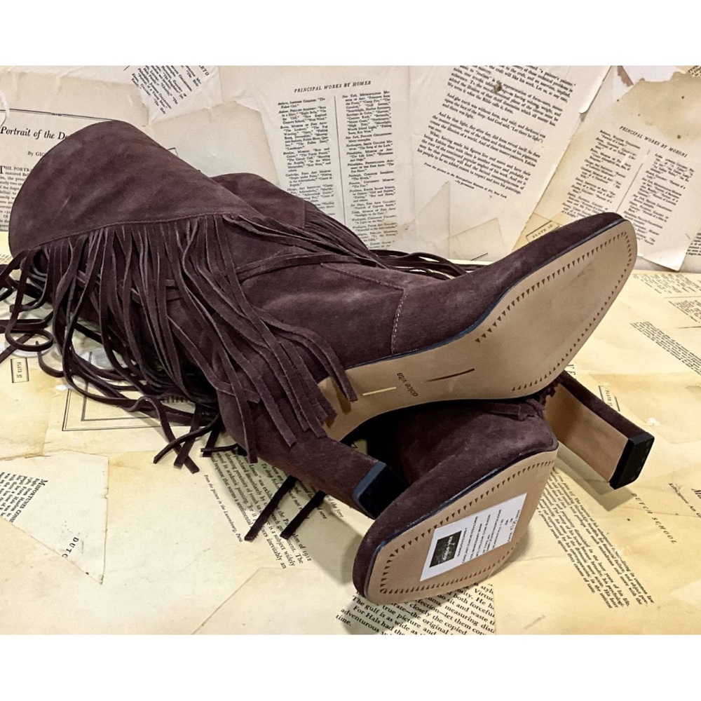 Anthropologie Dolce Vita Giano Suede Fringe Tall Boots Mahogany Brown - Picture 5 of 8
